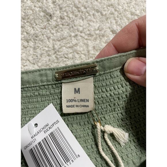 NWT Magaschoni Women's Size Medium Linen Embroidered V Neck Peasant Blouse Green - Picture 8 of 11